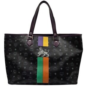 MCM Black Coated‎ Canvas Lion Stripe Tote Bag Large Designer Handbag Purse